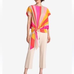 Trina Turk 100% Cotton Pink Yellow Beige side Tie Front Blouse Size L